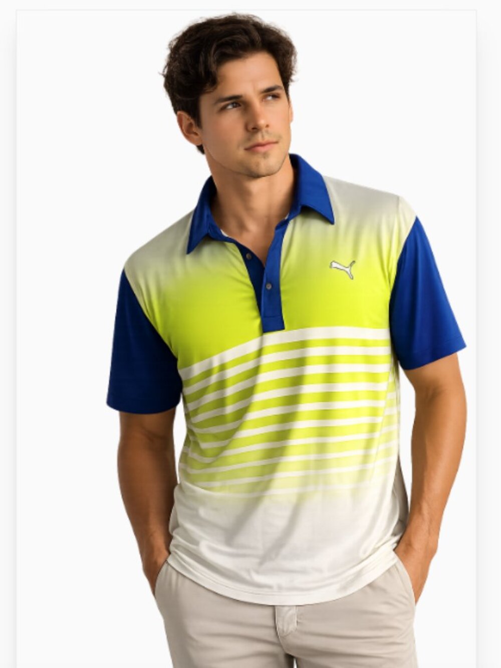 Puma Golf Polo Shirt Blue Yellow Stripe DryCELL Short Sleeve Men’s M
